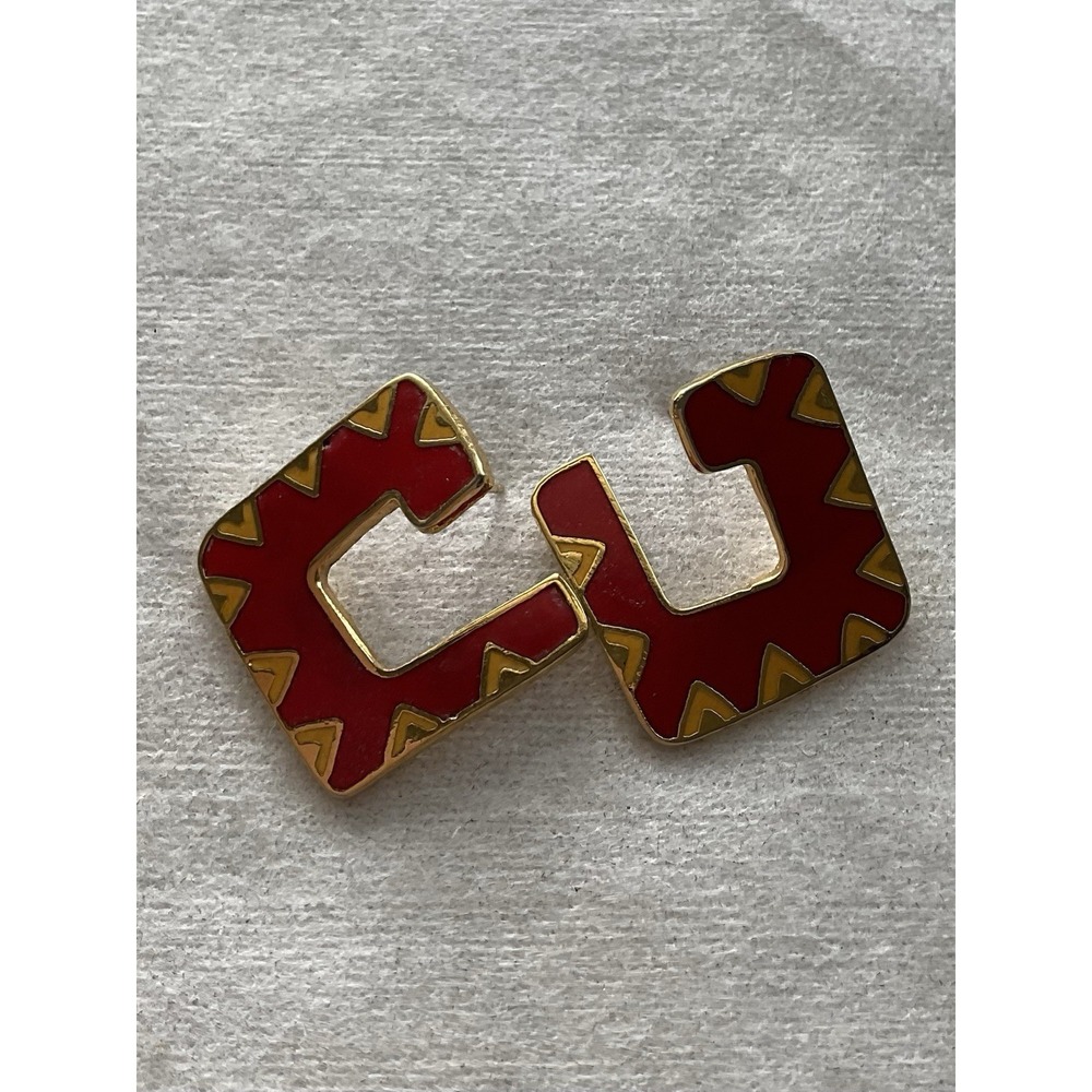 Laurel Burch "Galeza" square stud earrings Red Yellow Enamel Vintage